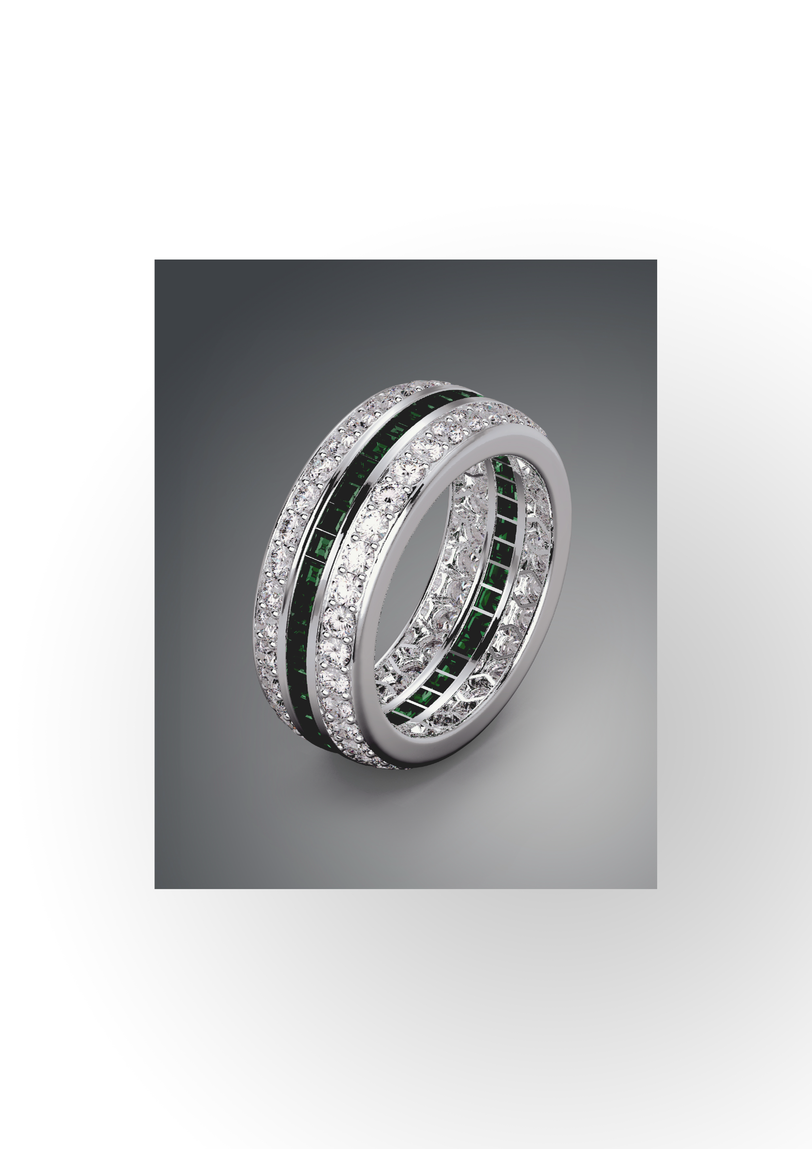 White-gold eternity band with channel-set baguette emeralds flanked by diamond pavé