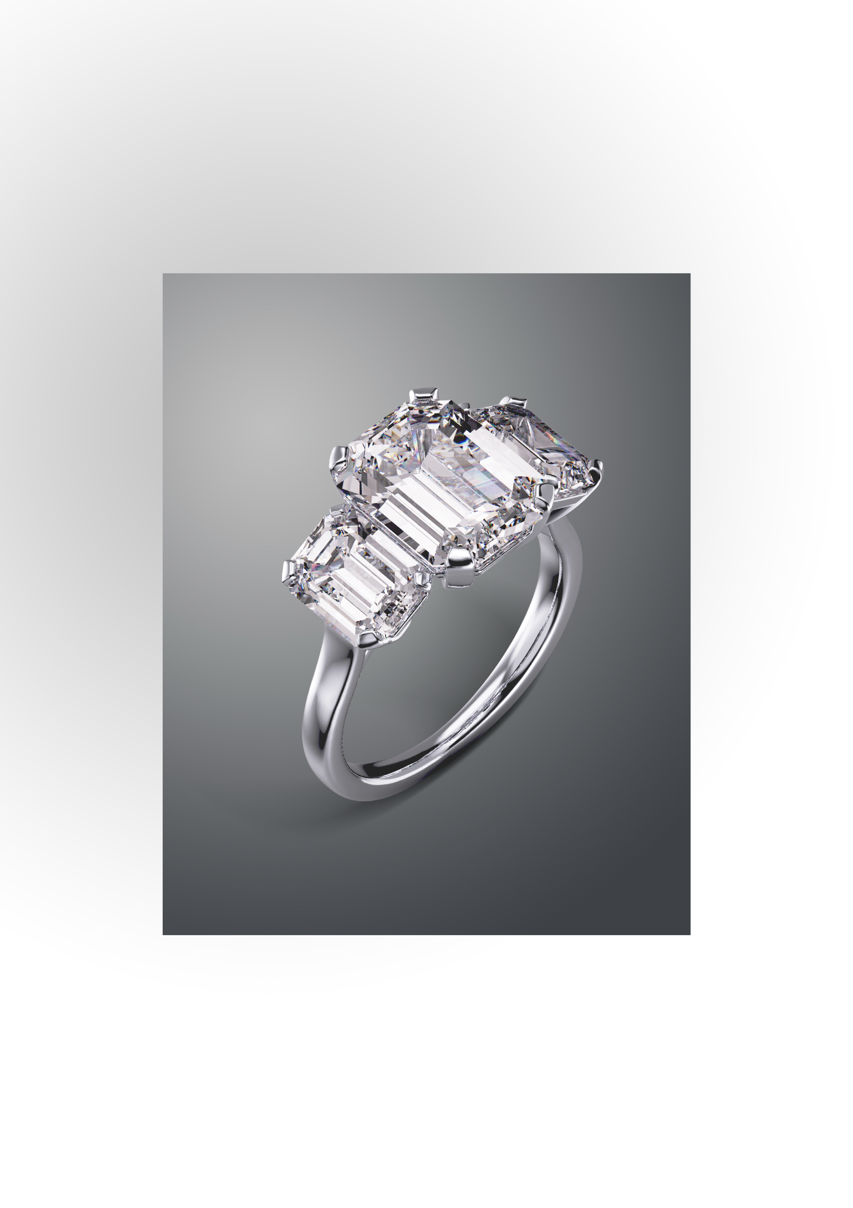 Three-stone emerald-cut diamond ring in platinum