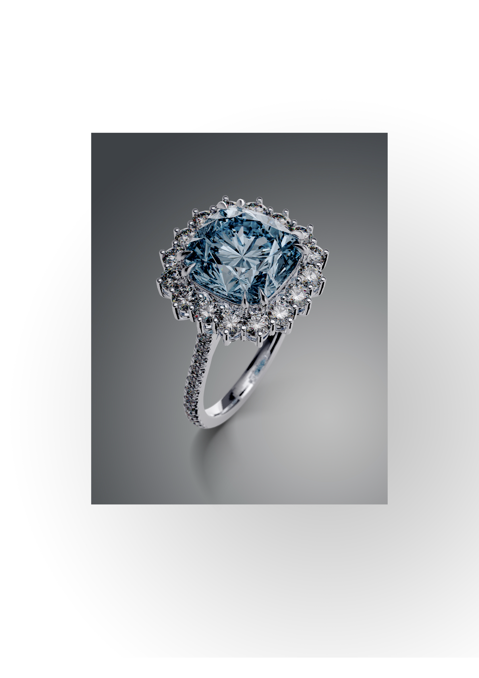 Cushion-cut aquamarine ring framed by a diamond halo on a pavé-set white-gold band