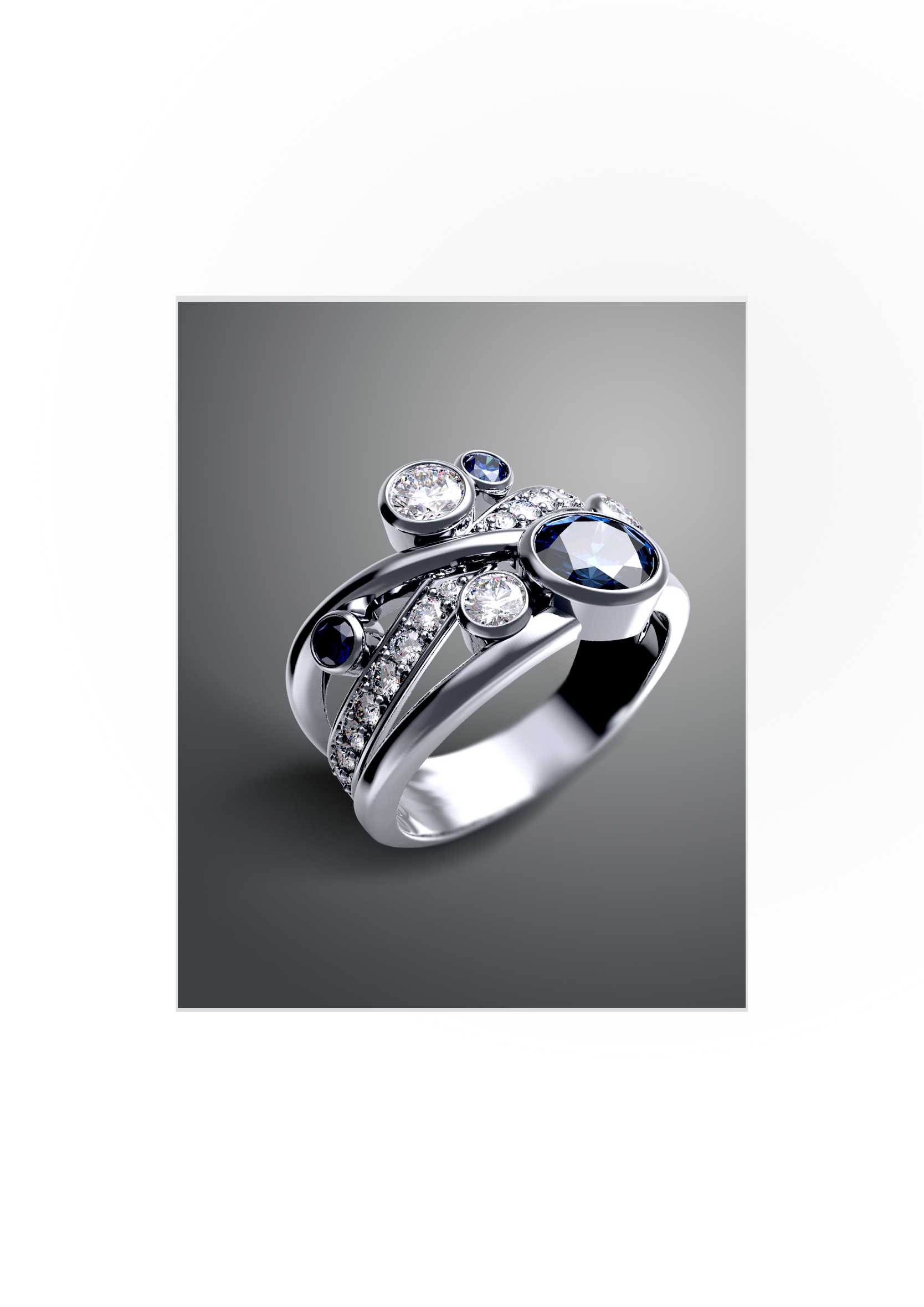 Crossover white-gold ring with a sapphire and round diamonds