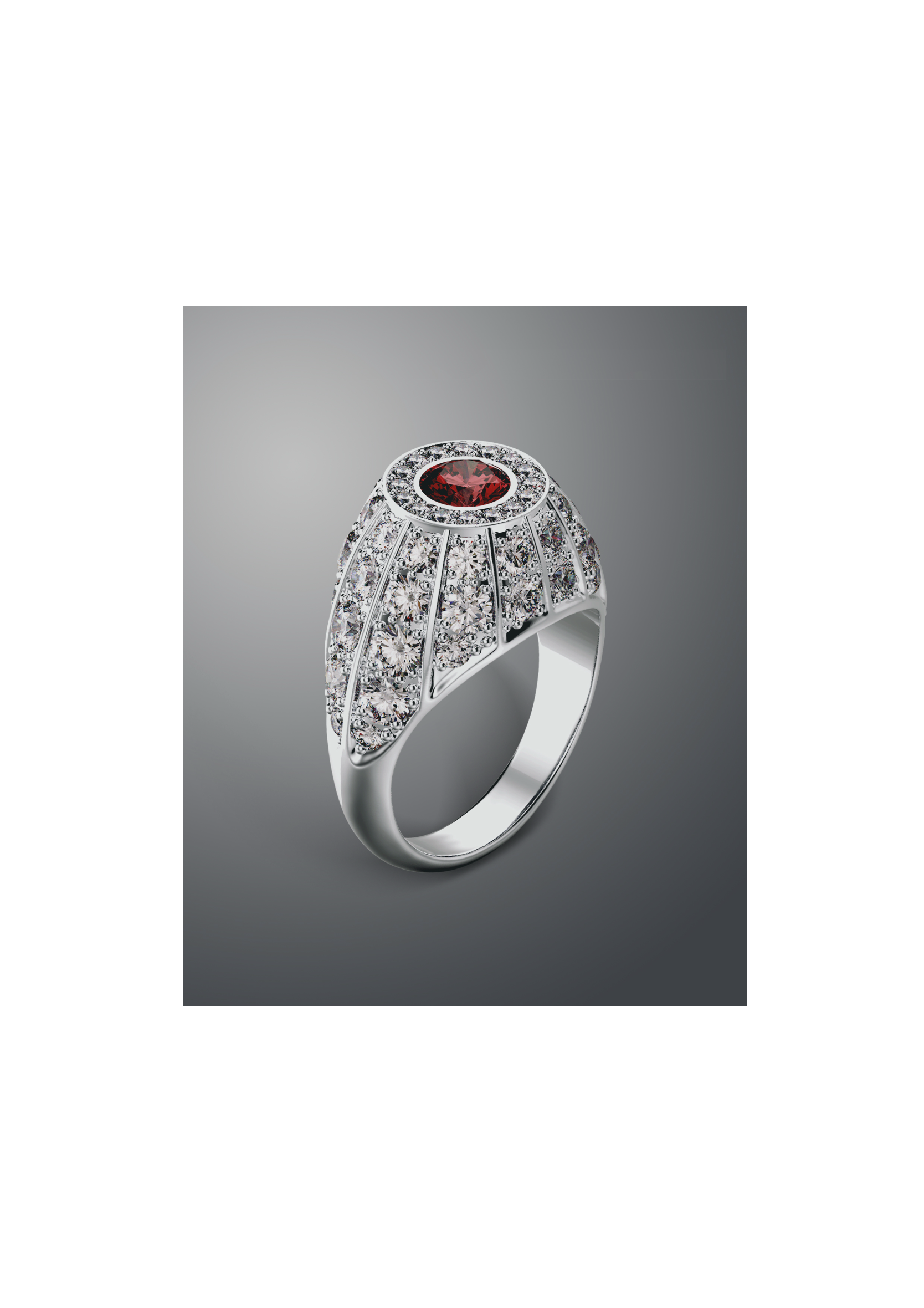 Bombé pavé-diamond ring with a rose-cut ruby centre stone