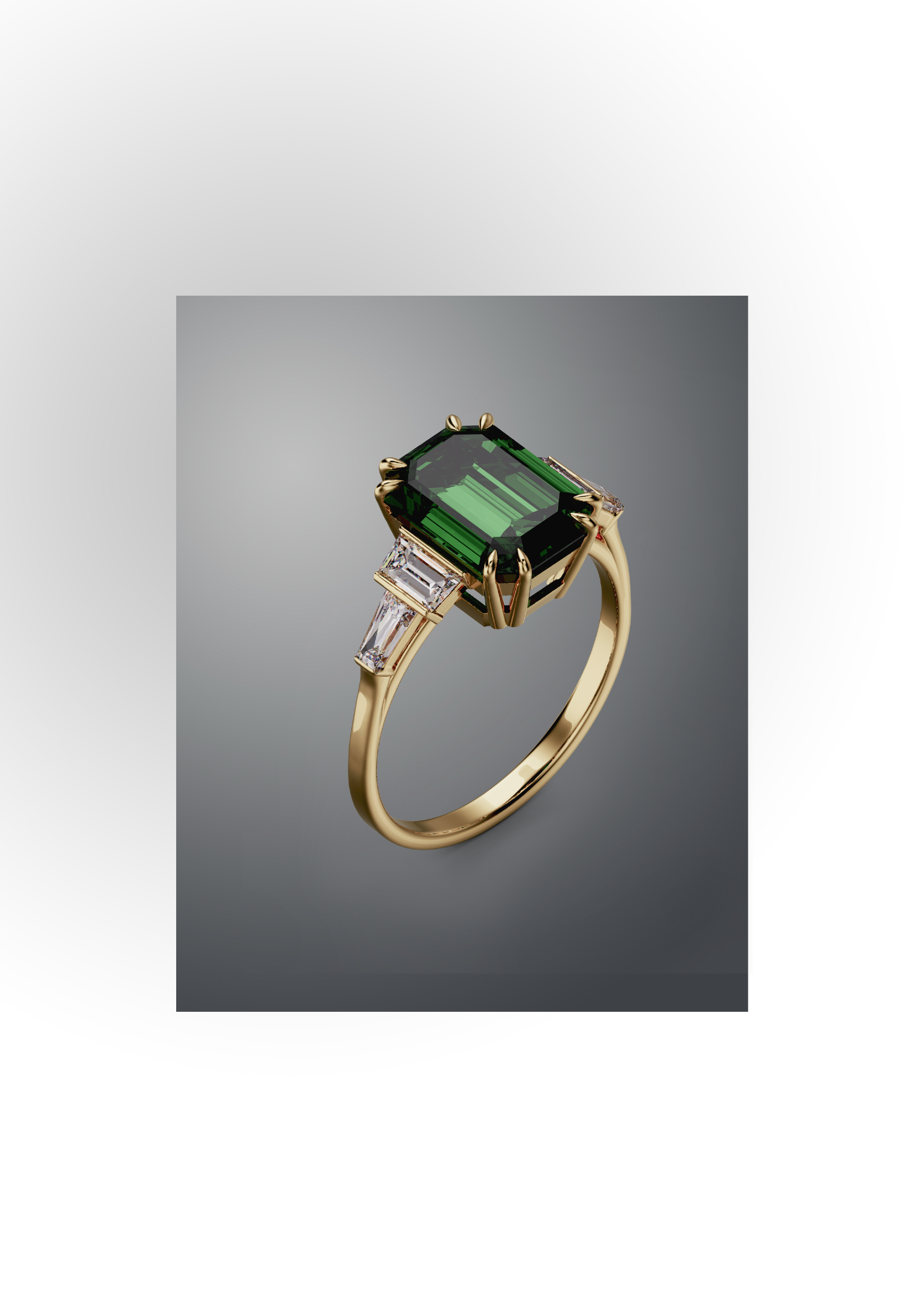Emerald-cut green tourmaline ring in yellow gold with tapered baguette diamond shoulders