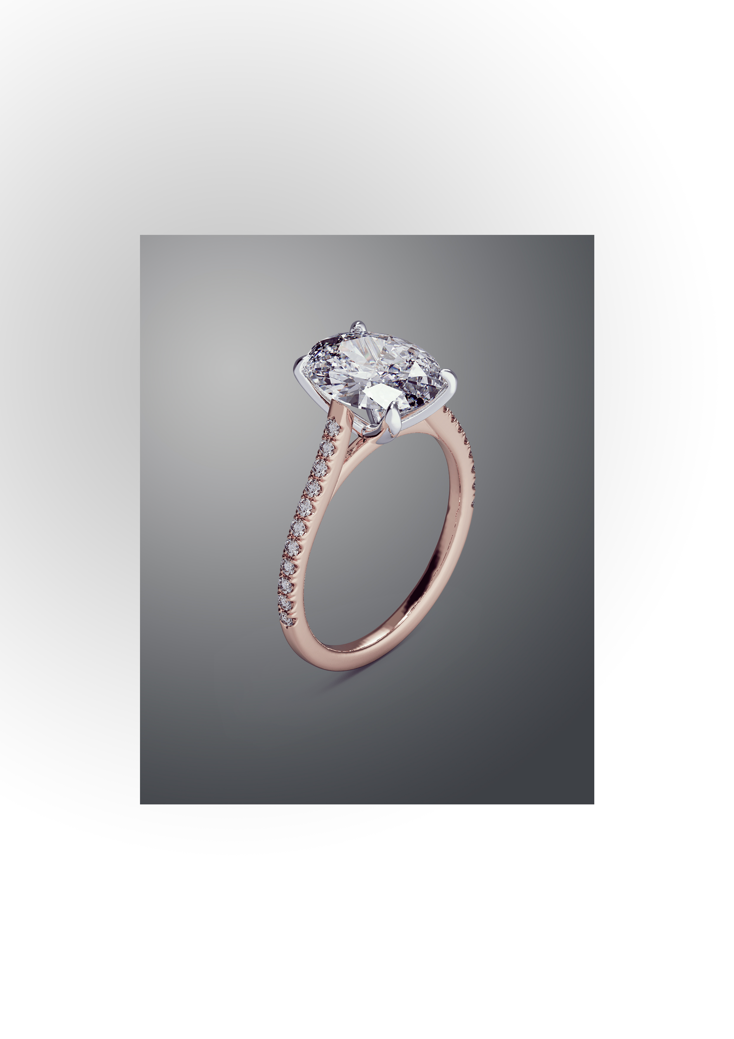 Oval-cut diamond solitaire on a rose-gold pavé-set band