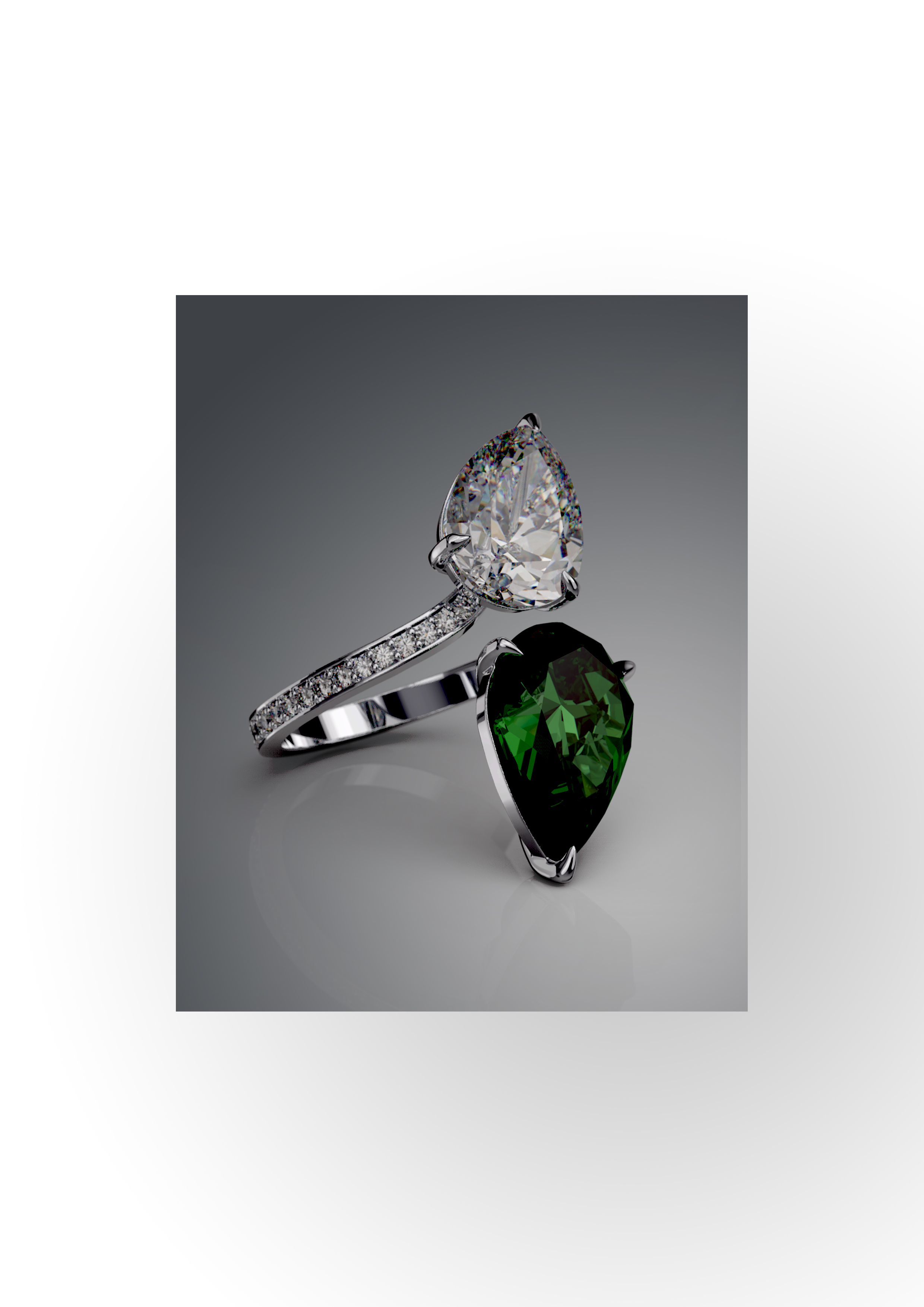 Toi-et-moi ring with a pear-cut tsavorite and a pear-cut white diamond on a pavé-set white-gold band