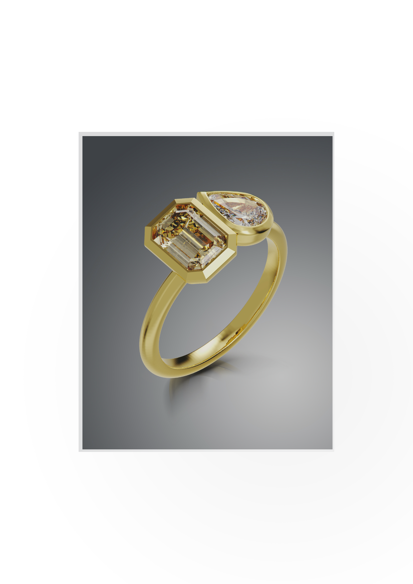Toi-et-moi yellow gold ring with an emerald-cut champagne diamond and a pear-cut white diamond
