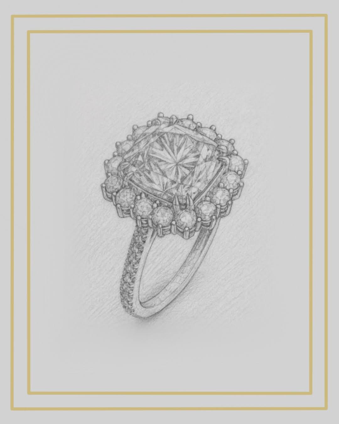 Pencil sketch of a cushion-cut aquamarine halo ring