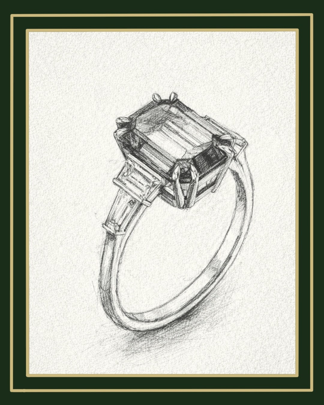 Pencil sketch of an emerald-cut green tourmaline ring with baguette shoulders