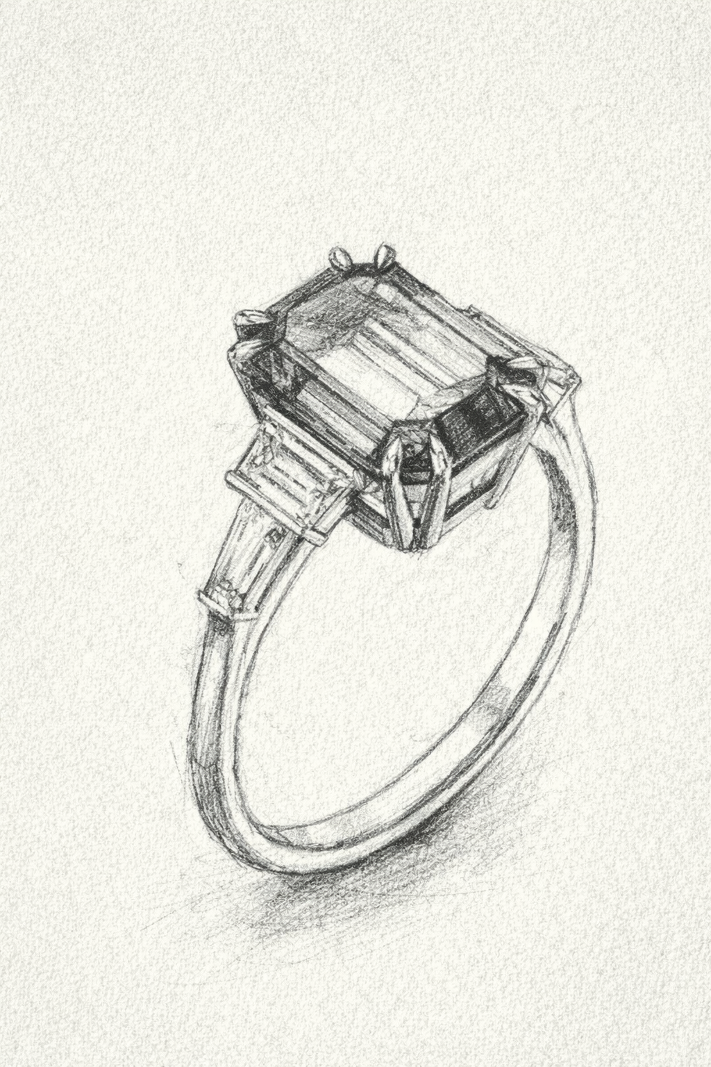 A hand-drawn pencil sketch of a bespoke emerald-cut three-stone ring — the first step of every Atelier Aster commission